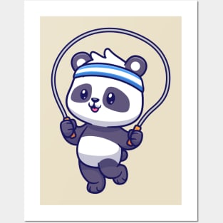 Cute Panda Playing Jump Rope Cartoon Posters and Art